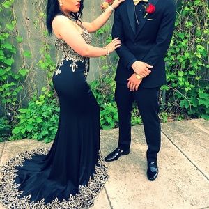 Black long prom dress with Gold embroidery !!